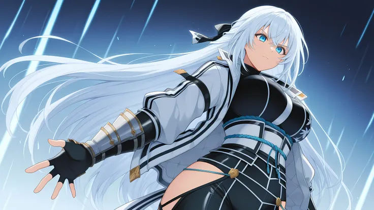 1girl, solo, knkshizu, white hair, very long hair, hair ribbon, blue eyes, shizuksk1, black bodysuit, white jacket, striped jacket, open jacket, white sash, black gloves, fingerless gloves, hip vent, gauntlet gloves, large breasts, serious face, low angle,...