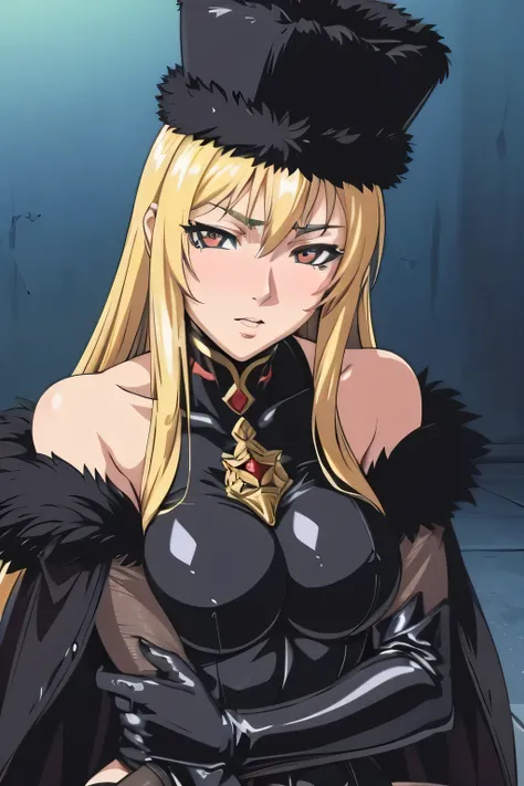 anime style, full body portrait, voluptuous Russian woman with downturned eyes and beauty mark under left eye, dusky blonde hair, wearing black fur coat and Russian fur hat, red and black bodysuit, tragic and icy expression, magical symbols on hands or nec...