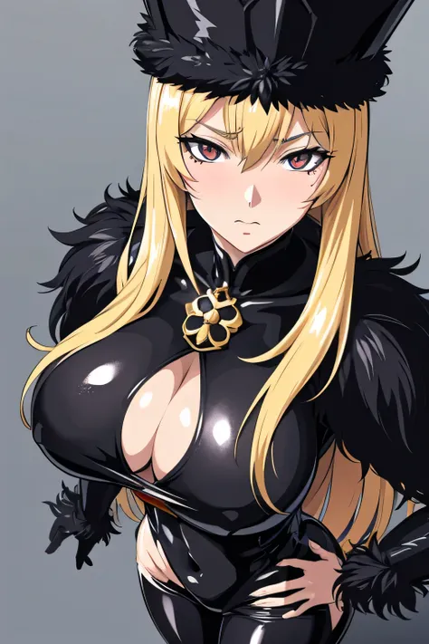 anime style, full body portrait, voluptuous Russian woman with downturned eyes and beauty mark under left eye, dusky blonde hair, wearing black fur coat and Russian fur hat, red and black bodysuit, tragic and icy expression, magical symbols on hands or nec...