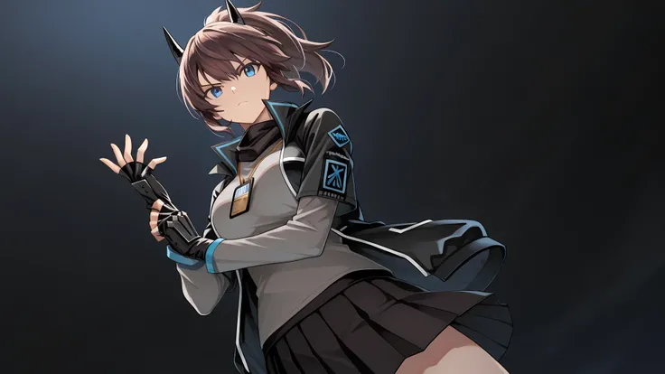 adjusting gloves, 1girl, solo, YatoAK, blue eyes, black horns, brown hair, ponytail, scarf, black jacket with blue trim, raised collar, grey shirt, long sleeves under short sleeves, nametag, black skirt, pleated skirt, large breasts, gauntlet, fingerless g...