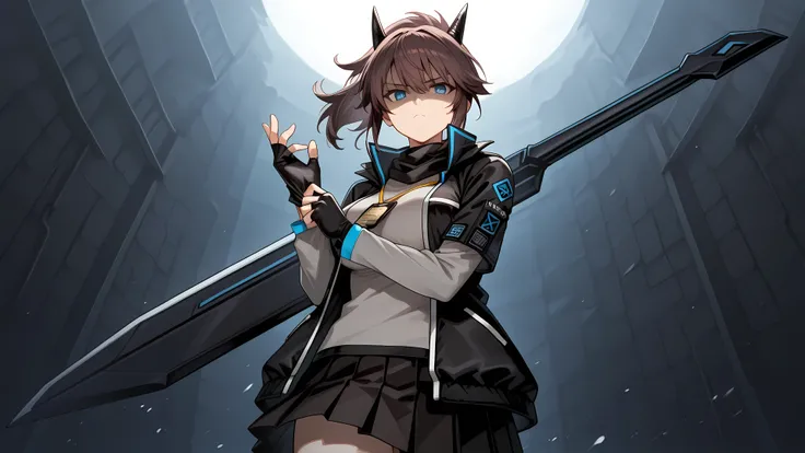 adjusting gloves, 1girl, solo, YatoAK, blue eyes, black horns, brown hair, ponytail, scarf, black jacket with blue trim, raised collar, grey shirt, long sleeves under short sleeves, nametag, black skirt, pleated skirt, large breasts, gauntlet, fingerless g...