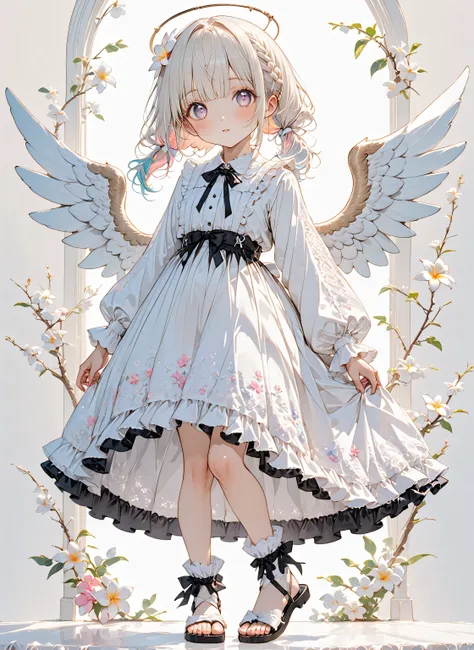 Full Body、Front view portrait、Loose two-knot、1girl、(BEST DETAILS、Highest Quality、Greatest Masterpiece、Super Detailed、８K)、（colorful、 pop）、(Milky White and Pastel Hair Color)、vintage-style bloomers with lace trim, cotton fabric, high waist個性的でかわいい髪型、（Novelty...