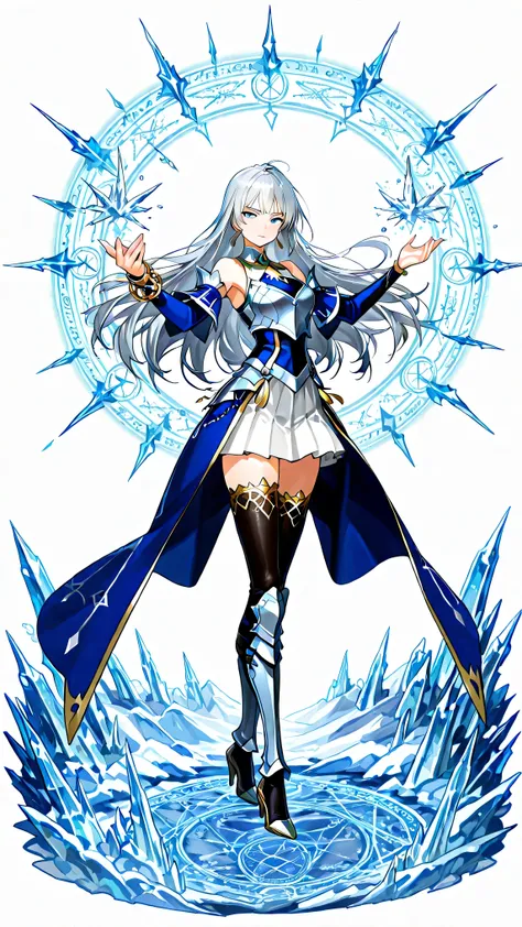 white background, 1girl, solo, masterpiece, female knight theme, beautiful woman with long silver hair, blue-streak on her hair, blue eyes and silky hair, hair down, white chest plate, wearing white knightly attire, long blue coatail, white skirt, decorate...