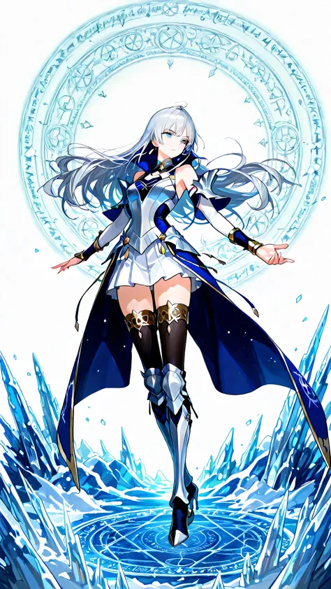 Intricate artistic frame with UR logo on the top left, white background, 1girl, solo, masterpiece, female knight theme, beautiful woman with long silver hair, blue-streak on her hair, blue eyes and silky hair, hair down, white chest plate, wearing white kn...