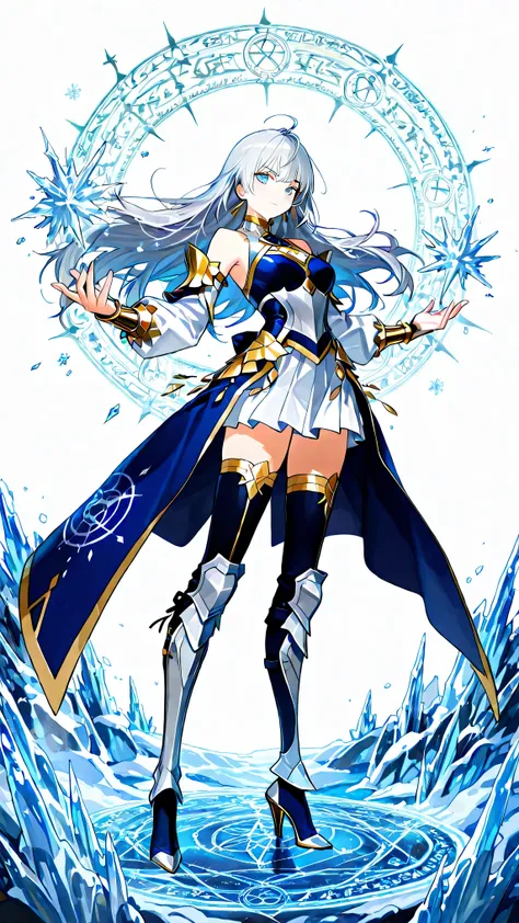 Intricate artistic frame of gacha character with UR logo on the top left, white background, 1girl, solo, masterpiece, female knight theme, beautiful woman with long silver hair, blue-streak on her hair, blue eyes and silky hair, hair down, white chest plat...
