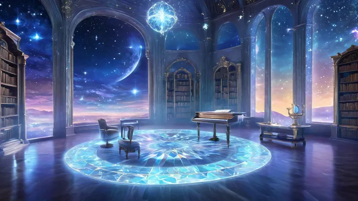 there is a room with a piano, a table, chairs, and a clock, personal room background, a crystalline room, magical background, anime background art, magical atmosphere + masterpiece, infinite celestial library, interior background art, dreamy atmosphere and...