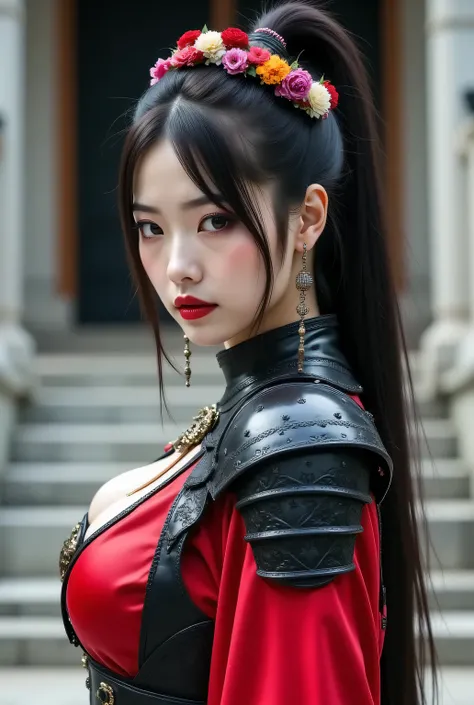Side view, from side, upper-body, close-up. Tiara of colorful flowers.
Elaborate red and black armor, gothic style, detailed shoulder armor.
She is a beautiful Japanese woman, looks like a intimidating dominatrix, looking at viewer.
Light red lips.
Long ha...
