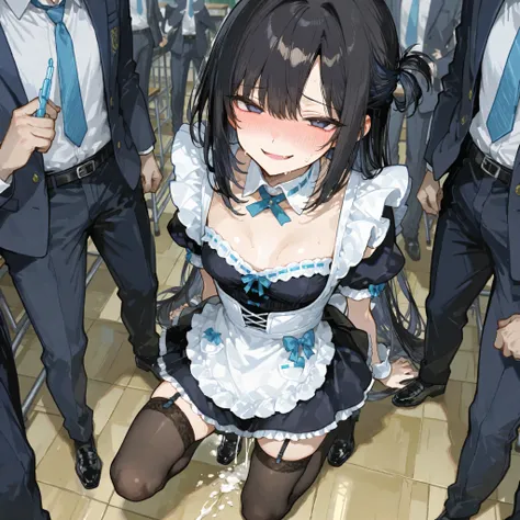 classrooms Girl black hair long half up hair Full Body I'm excited Sexual harassment facing diagonally are smirking provocative maid clothes on the side Vertical open collar small breasts intense orgasm is embarrassing ashamed embarrassed Ther...