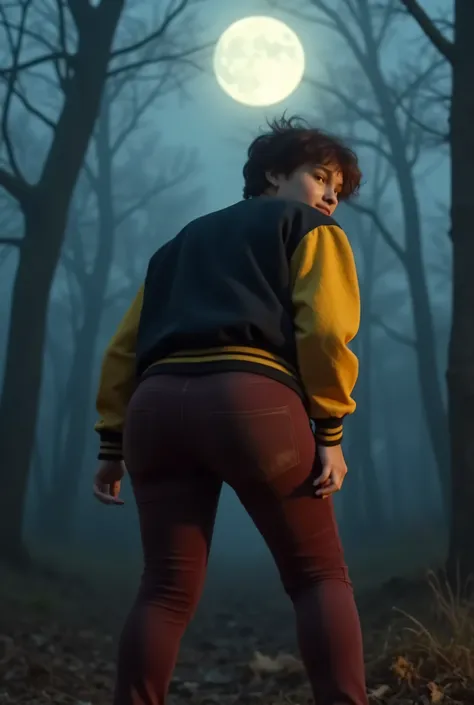 A young teen male in maroon-colored jeans and a black and yellow-colored letterman jacket, Tight maroon-colored jeans, Taut maroon-colored jeans, Maroon-colored jeans stretched to breaking point, Visible pants seams threatening to split, Ripping pants fabr...