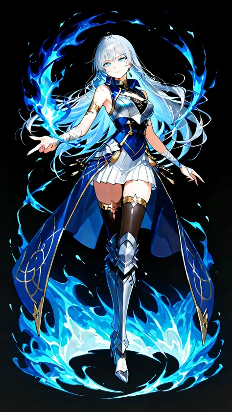 black background, 1girl, solo, masterpiece, female knight theme, beautiful woman with long silver hair, her hair has blue-streak on it, blue eyes and silky hair, hair down, white chest plate, wearing white knightly attire, long blue coatail, white skirt, d...