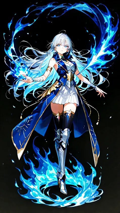 black background, 1girl, solo, masterpiece, female knight theme, beautiful woman with long silver hair, her hair has blue-streak on it, blue eyes and silky hair, hair down, white chest plate, wearing white knightly attire, long blue coatail, white skirt, d...