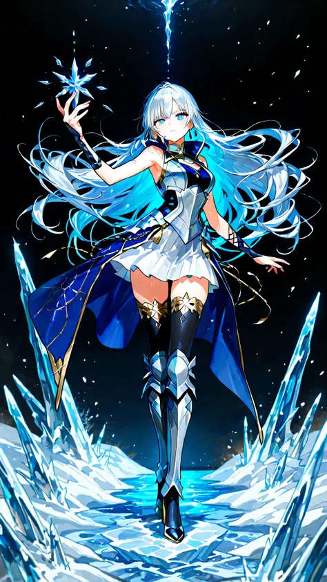black background, 1girl, solo, masterpiece, female knight theme, beautiful woman with long silver hair, her hair has blue-streak on it, blue eyes and silky hair, hair down, white chest plate, wearing white knightly attire, long blue coatail, white skirt, d...