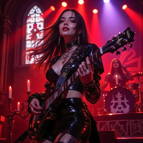 A stunning modern woman playing an electric guitar on a gothic concert stage, medium shot, realistic photo style, wearing tight black leather outfit with metallic details, soft studio lighting mixed with red and purple stage lights, beautiful sensual pose,...