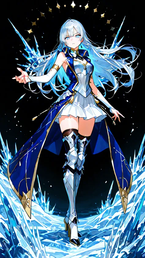 black background, 1girl, solo, masterpiece, female knight theme, beautiful woman with long silver hair, her hair has blue-streak on it, blue eyes and silky hair, hair down, white chest plate, wearing white knightly attire, long blue coatail, white skirt, d...