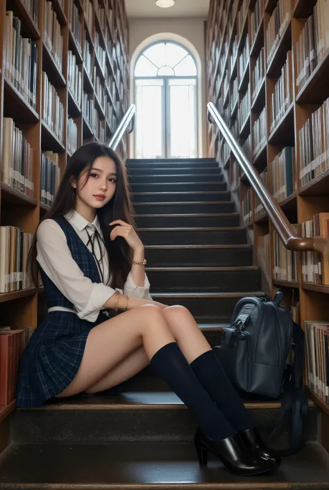 she A chic backpack is placed beside。Perfect 8K HD image quality、(Girl sitting by the wall of a cellar in the cellar in the cellar in the basement)、a girl sitting on the stairs in front of the library。looks like an idol、happy and sparkling smile。Designed f...