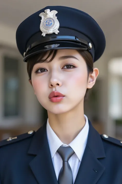 ( Highest Quality、 The greatest masterpiece、 Highest Quality、 winning works )、A beautiful female police officer 、( perfect navy police officer costume :1.1)、(NAVY JACKET WITH A GREY TIE:1.1)、、(警察の紋章が付いた紺色のpolice hatをかぶっています:1.3)、(police hat:1.3)、( I'm wear...