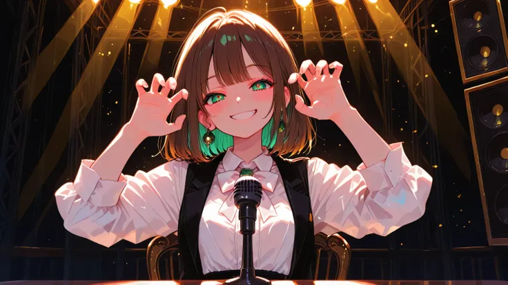 masterpiece, best quality, newest, absurdres, highres,
1girl, solo, half body or medium full body, short dark brown hair, shiny beautiful green eyes, lively and expressive eyes with bright reflections,
joyful smile, relaxed and cheerful expression, enj...