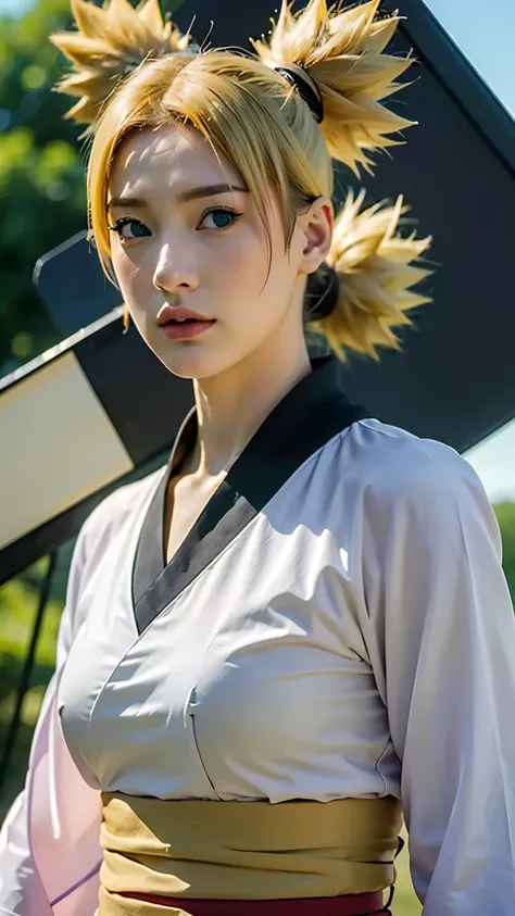 Temari from Naruto Shippuden, half-body portrait, realistic and ultra-detailed, HD quality. She has blonde hair tied into four spiky ponytails, wear black kimono, wearing her signature dark purple battle outfit with a beige sash and a giant folding fan vis...