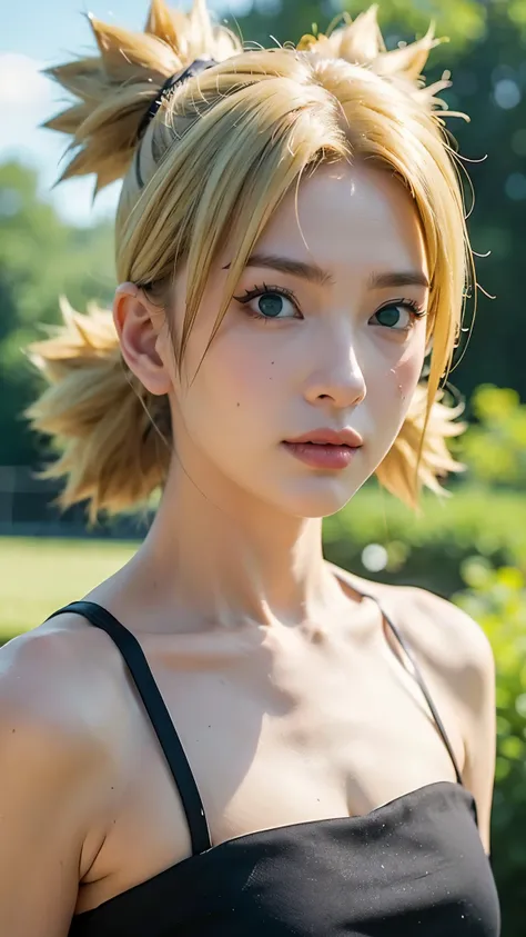 Temari from Naruto Shippuden, half-body portrait, realistic and ultra-detailed, HD quality. She has blonde hair tied into four spiky ponytails, wear black kimono, wearing her signature dark purple battle outfit with a beige sash and a giant folding fan vis...