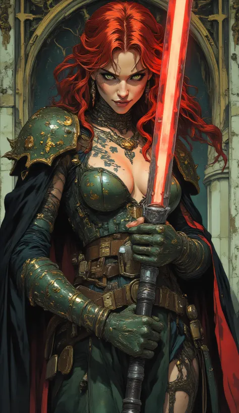 Alphonse Mucha,Daniel Egneus,арт by Ronald Searle, 
Character: A beautiful, commanding Mara Jade as a Sith Lord. She has vibrant wavy red hair, piercing green eyes, and fair, alabaster skin. Her visible skin is covered in intricate, stylized black Sith tat...
