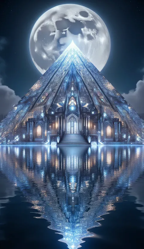 A spectacular fantasy landscape capturing a vast lake with preternaturally clear and transparent water, rendered with photorealistic detail under the light of an enormous full moon. Rising majestically from the exact center of the lake stands a massive pyr...