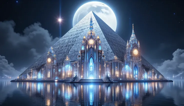 A spectacular fantasy landscape capturing a vast lake with preternaturally clear and transparent water, rendered with photorealistic detail under the light of an enormous full moon. Rising majestically from the exact center of the lake stands a massive pyr...