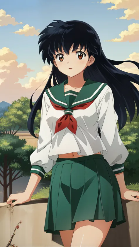 (masterpiece, best quality),  intricate details,
1girl,   higurashi kagome, black hair, brown eyes, long hair, medium breasts, serafuku, sailor collar, green pleated skirt