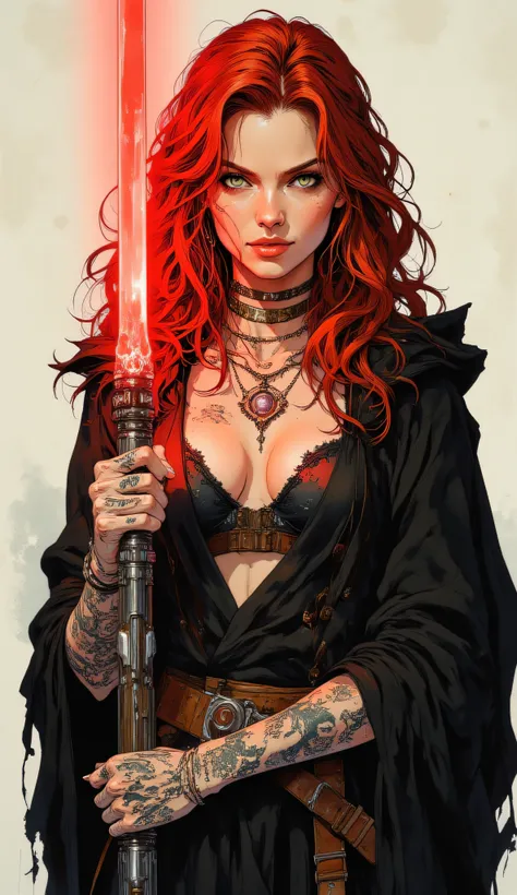 digital art .Character: A beautiful, commanding Mara Jade as a Sith Lord. She has vibrant wavy red hair, piercing green eyes, and fair, alabaster skin. Her visible skin is covered in intricate, stylized black Sith tattoos.
Attire & Pose: She wears the cl...