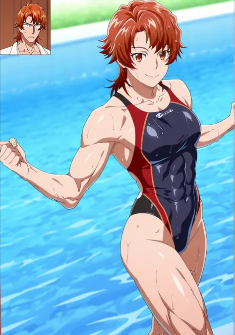 傑作、Best quality、Best resolution、Best image quality、amazing quality、 very aesthetic、 absurdres、anime coloring、anime screencap、anime screenshot、1man、natsuki rin is a male、short red hair、short brown hair、brown eyes、flipped hair、spiked hair、solo、anime man is w...