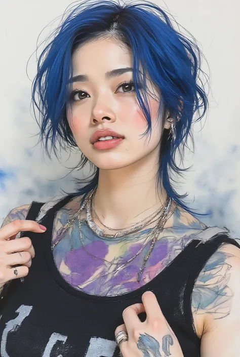 gothic punk、Highest Quality、Rebel、Japanese edits Vivien Tam photos [Woman] 、WITH VERY EYES of navy color with blue hair ,  yellow and purple and blue tattoos 、[yellow and purple and blue] , Expressive Texture, photorealistic techniques,  vibrant and colorf...