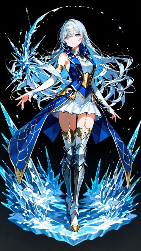 black background, 1girl, solo, masterpiece, female knight theme, beautiful woman with long silver hair, her hair has blue-streak on it, blue eyes and silky hair, hair down, white chest plate, wearing white knightly attire, long blue coatail, white skirt, d...