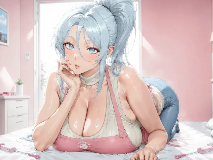 Sylpha / 실파 랑그리스, long hair, blue eyes, hair between eyes, light blue hair, high ponytail, sidelocks,
door up,((front view)),(rest one's chin on one's chin), a cute young woman indoors on a bed, ((on crawling and leaning forward)), masterpiece, best qua...