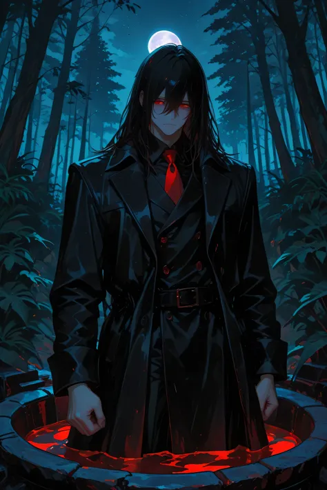 1 male, well proportioned face, attractive man, dressed in a scarlett-black suit, black coat, looking forward, cool and mysterious expression, messy long abyssal-black hair falling down his waist, crimson-red eyes, black slit pupils, star-less night, backg...