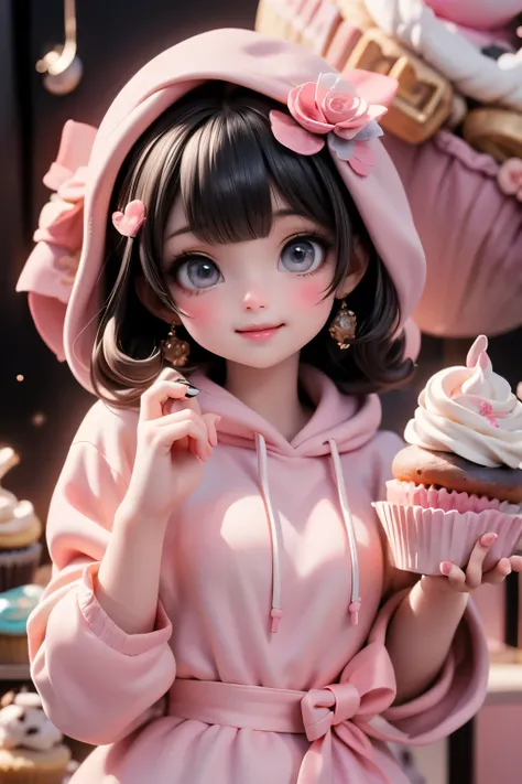 An adorable kawaii-style cute Señorita Bonita smiling, peeking out from behind a ((giant cupcake)), dressed in a sprinkle-covered hoodie and surrounded by smiling candy creatures."