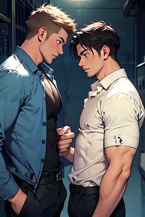 two handsome guys　　two men　　short hair　dark haired 　　　unbutton one's suit shirt　takes off his clothes　Half naked　Look at my mokkori　　Zoom on upper body and face　Are you talking about something　　Make your face even bigger　　gentle expression　　I want to h...