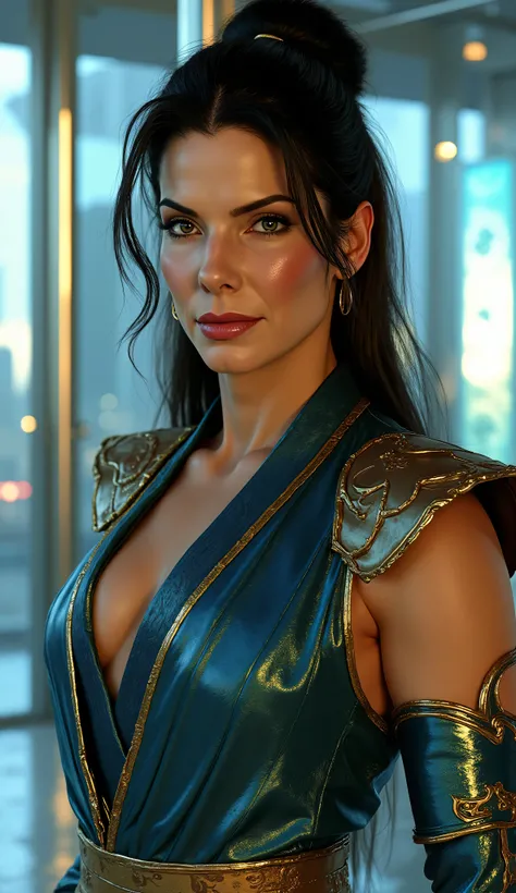Ultra-realistic portrait of Sandra Bullock as an elegant and powerful warrior, inspired by the Mortal Kombat universe, but with a sophisticated and realistic look, without the original costume or mask.
She wears a luxurious and contemporary outfit, made o...