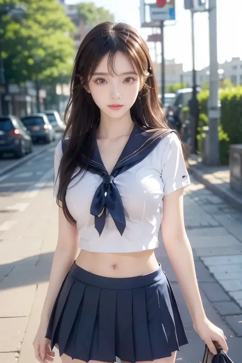 ( Super High Definition), (I'm looking over here), (school uniform:1.2, sailor suit, flared skirt), (Big Breasts:1.2), (Slimness:1.8), ( Read more:1.4), (thin thighs:1.4), ( thin hips:1.6), ( beautiful skin, shiny skin, white skin), (Super slim face, Sup...