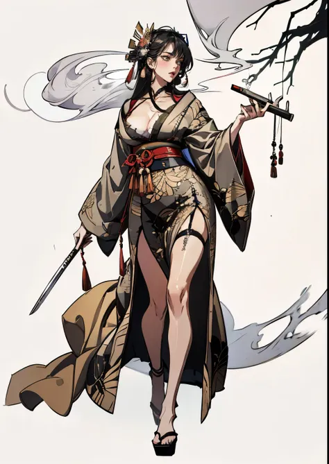 (absurdres, highres, super high resolution), with swords is trending at Art Station and Pixive, (solo), (1girl:1.5), ((white background))), ((( visible chest bone ))), (((Big breasts))), side slit skirt, Chinese Three Kingdoms dress costume, Hair Metal Orn...