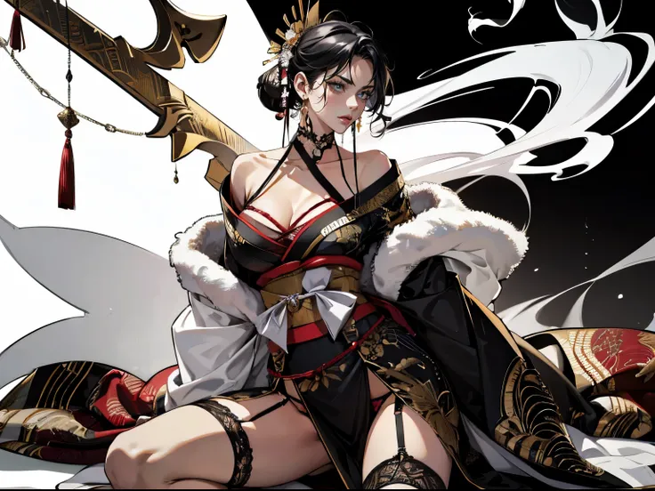 (absurdres, highres, super high resolution), with swords is trending at Art Station and Pixive, (solo), (1girl:1.5), ((white background))), ((( visible chest bone ))), (((Big breasts))), side slit skirt, Chinese Three Kingdoms dress costume, Hair Metal Orn...