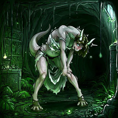 human:1.3, Female morfing into dragon, knelling:1.3, lean forward, beautiful face, head down, tall body, keel , torn white dress, underwear, torn brown shoes, brown hairs, twist, white horns:0.7, blue eyes:0.7, white scales, [skin: human scale: 0.9], big t...