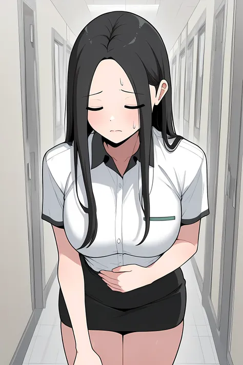 yoo jae-kyung, long hair, large breasts, black hair, closed eyes, forehead,,skirt, shirt, white shirt, short sleeves, collared shirt, black skirt, pencil skirt, office lady,
Solo, general, masterpiece, highres, ultra-detailed, hyper-detailed, best qualit...