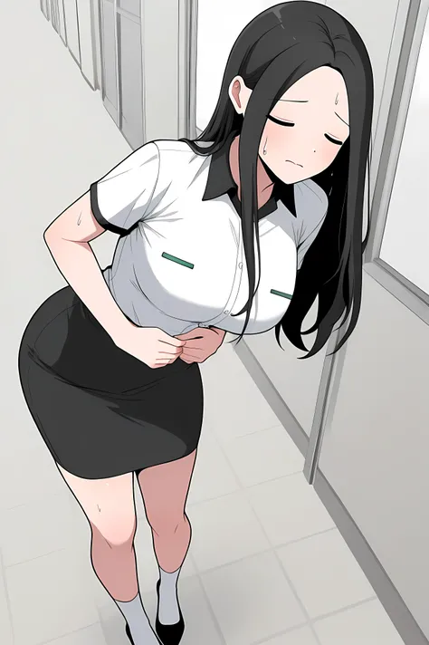 yoo jae-kyung, long hair, large breasts, black hair, closed eyes, forehead,,skirt, shirt, white shirt, short sleeves, collared shirt, black skirt, pencil skirt, office lady, white socks, black footwear, full body,
Solo, general, masterpiece, highres, ult...