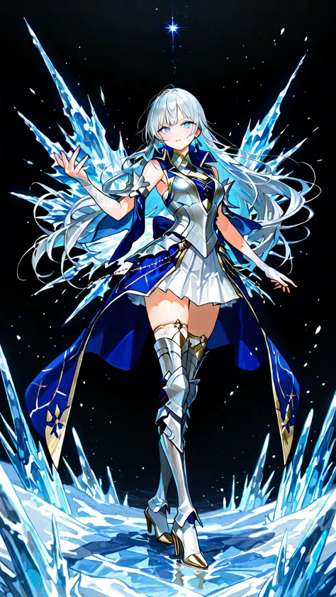 black background, 1girl, solo, masterpiece, female knight theme, beautiful woman with long silver hair, her hair has blue-streak on it, blue eyes and silky hair, hair down, white chest plate, wearing white knightly attire, long blue coatail, white skirt, d...