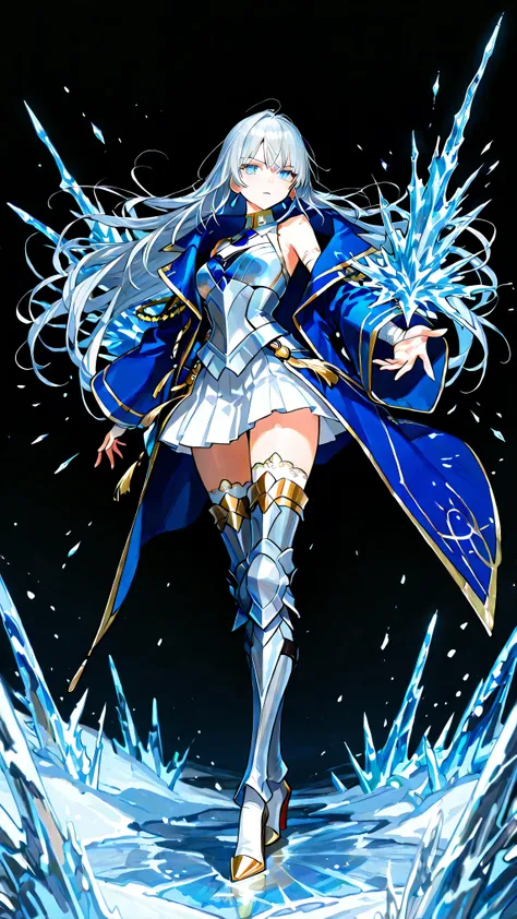 black background, 1girl, solo, masterpiece, female knight theme, beautiful woman with long silver hair, her hair has blue-streak on it, blue eyes and silky hair, hair down, white chest plate, wearing white knightly attire, long blue coatail, white skirt, d...