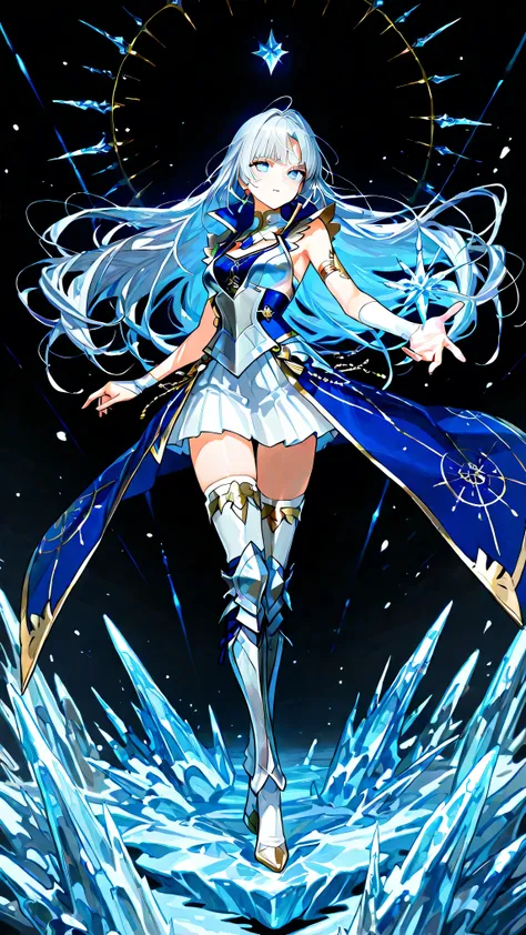 black background, 1girl, solo, masterpiece, female knight theme, beautiful woman with long silver hair, her hair has blue-streak on it, blue eyes and silky hair, hair down, white chest plate, wearing white knightly attire, long blue coatail, white skirt, d...
