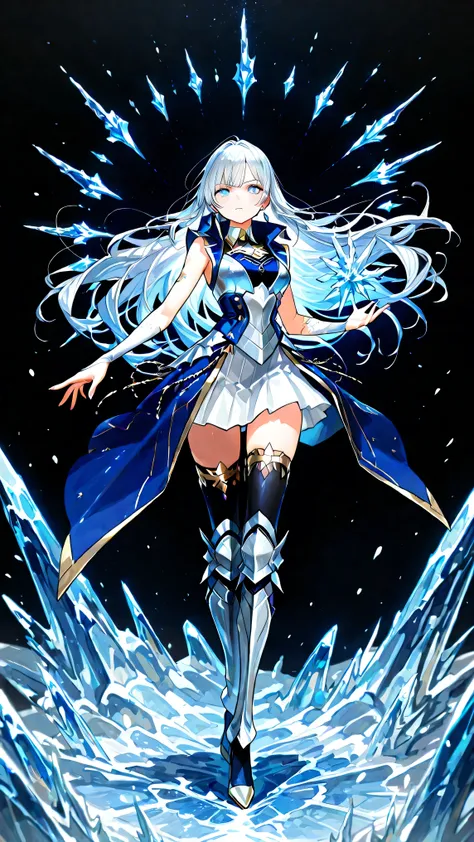 black background, 1girl, solo, masterpiece, female knight theme, beautiful woman with long silver hair, her hair has blue-streak on it, blue eyes and silky hair, hair down, white chest plate, wearing white knightly attire, long blue coatail, white skirt, d...