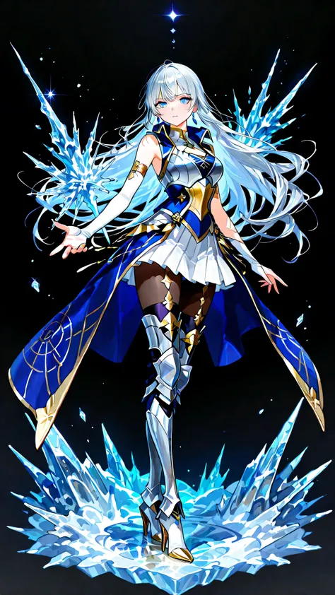 black background, 1girl, solo, masterpiece, female knight theme, beautiful woman with long silver hair, her hair has blue-streak on it, blue eyes and silky hair, hair down, white chest plate, wearing white knightly attire, long blue coatail, white skirt, d...