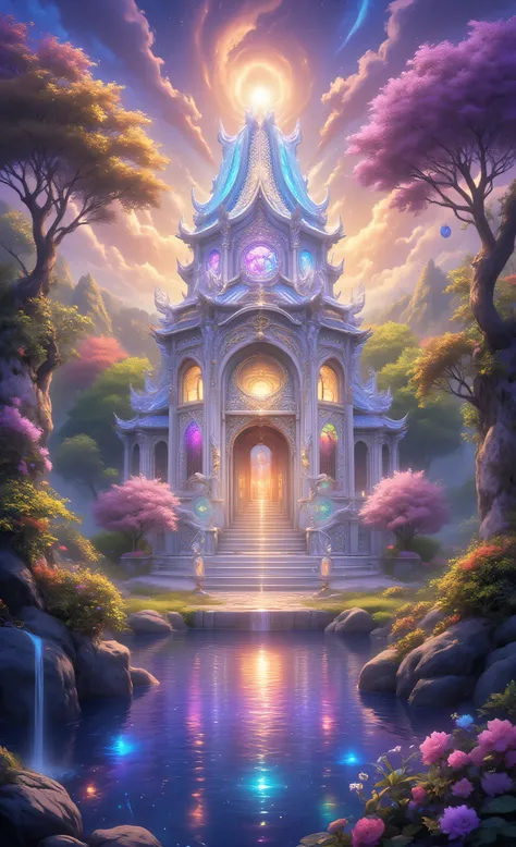 zavy-dtlnm,hyp3rd3tail style,Colorful,a hexagon white fantasy magical temple of a sun god, high fantasy elf design, 1 story temple with wide walls, with high quality glass artwork, surrounded by elm trees, cherry trees, mahogany trees, its is the dawn of ...