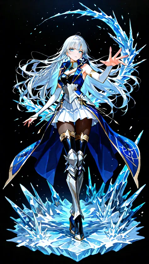 black background, 1girl, solo, masterpiece, female knight theme, beautiful woman with long silver hair, her hair has blue-streak on it, blue eyes and silky hair, hair down, white chest plate, wearing white knightly attire, long blue coatail, white skirt, d...