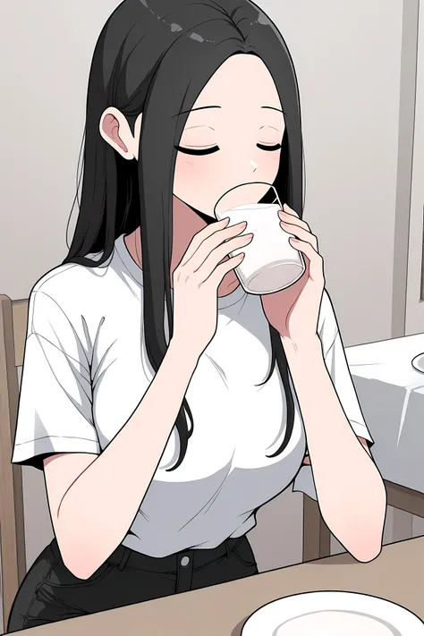 yoo jae-kyung, long hair, large breasts, black hair, closed eyes, forehead, white loose shirt, very short black shorts, drinking a glass of milk,
Solo, general, masterpiece, highres, ultra-detailed, hyper-detailed, best quality, amazing quality, very a...